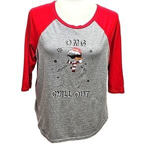 Queen Bees Womens Christmas "OMG Chill Out" Round Neck Gray Red Tee Shirt Size L